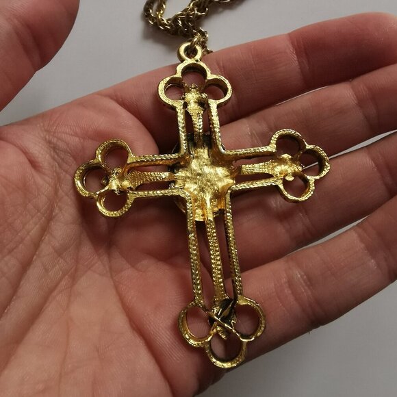 Faux Jade Stone Gold Tone Cross Pendant Necklace Vintage Gothic Rosary Baroque - Picture 4 of 7